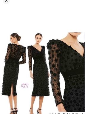 Mac Duggal Black Floral Appliqué Midi Dress